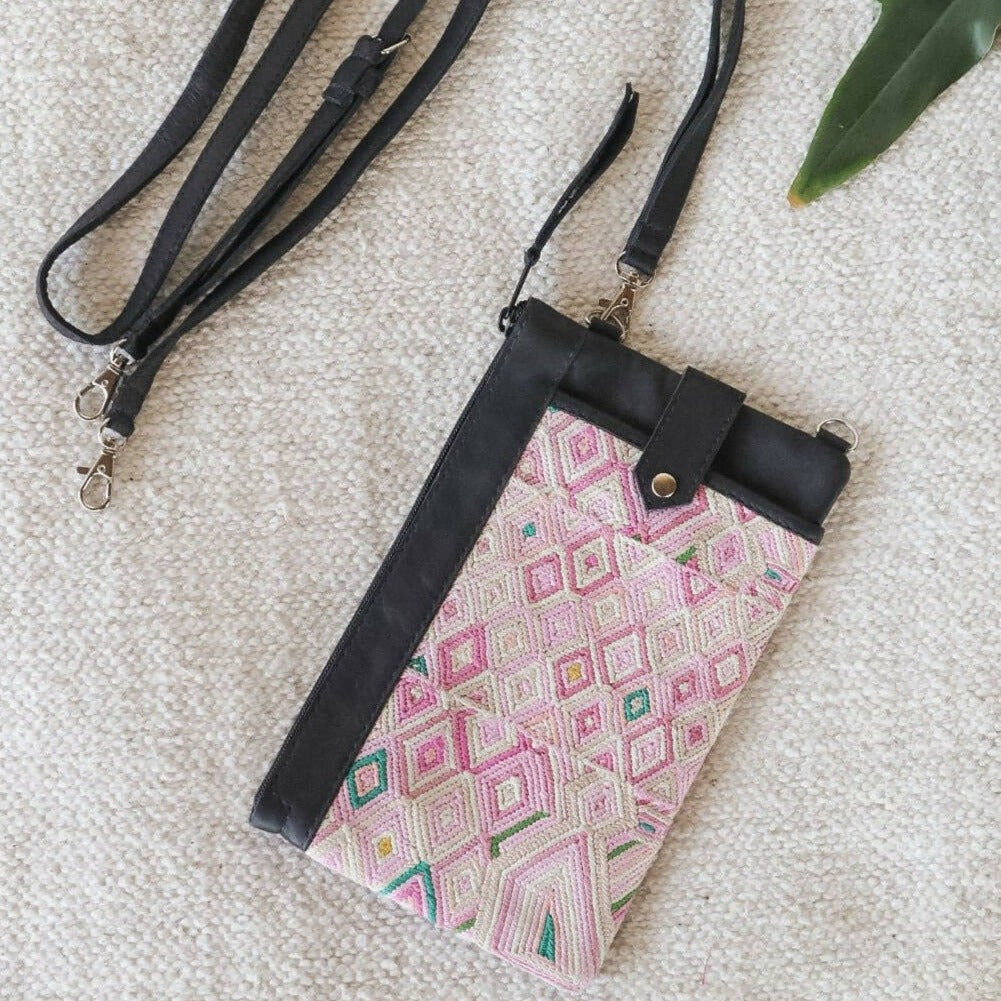 Crossbody Clutch: Leather +Vintage Textile (Pink Textile with Black Leather)