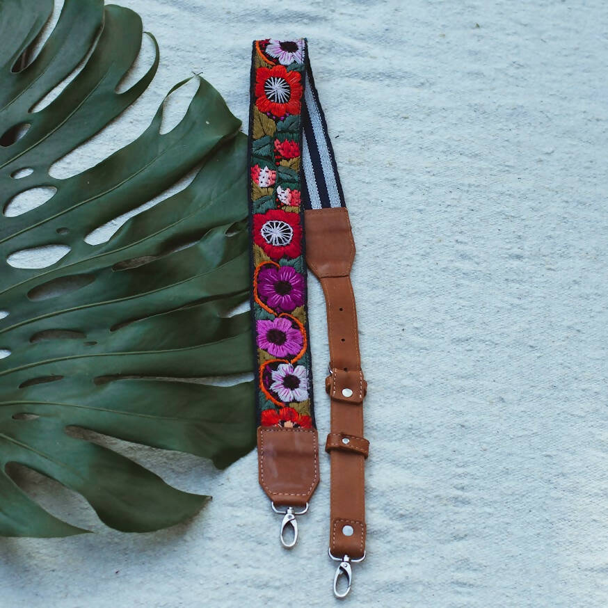Adjustable Embroidered Strap - Flowers with Brown Leather